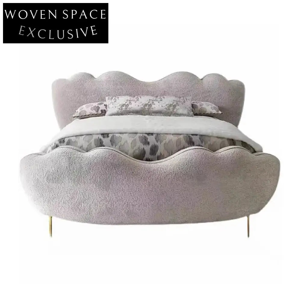 Luxurious Upholstered Teddy Fabric Soft Bed Italian Wooden King Size Frame