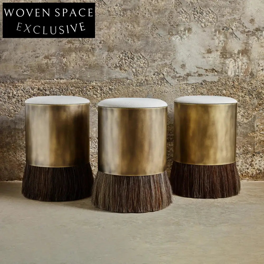 Luxurious Velvet Brass Round Ottoman Stool: Modern Accent & Vanity Seating