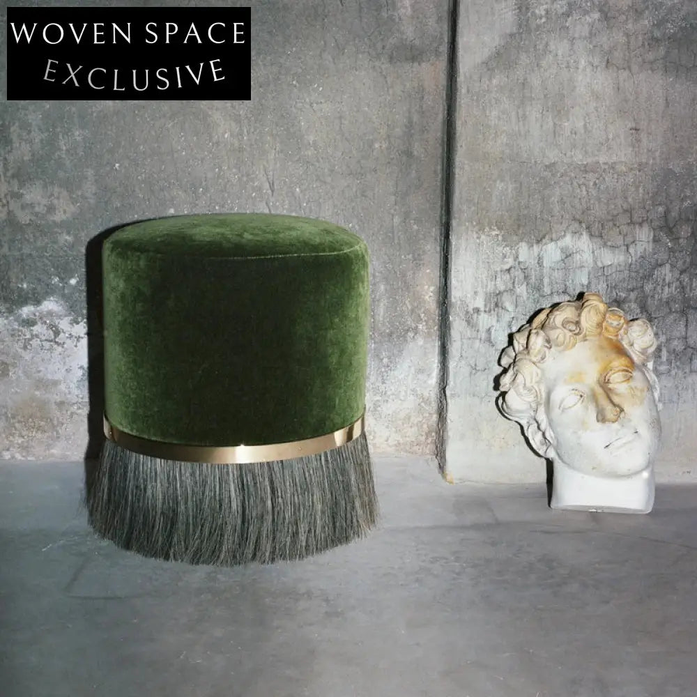 Luxurious Velvet Brass Round Ottoman Stool: Modern Accent & Vanity Seating