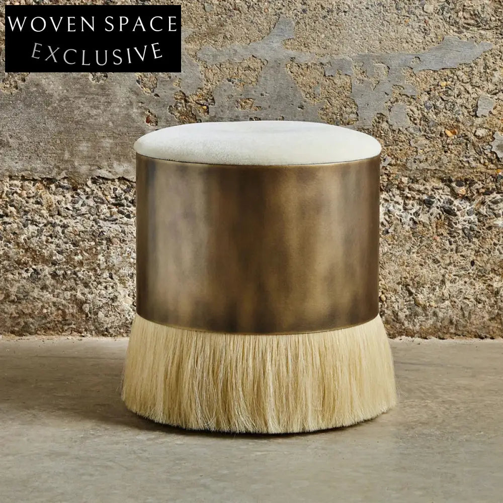 Luxurious Velvet Brass Round Ottoman Stool: Modern Accent & Vanity Seating