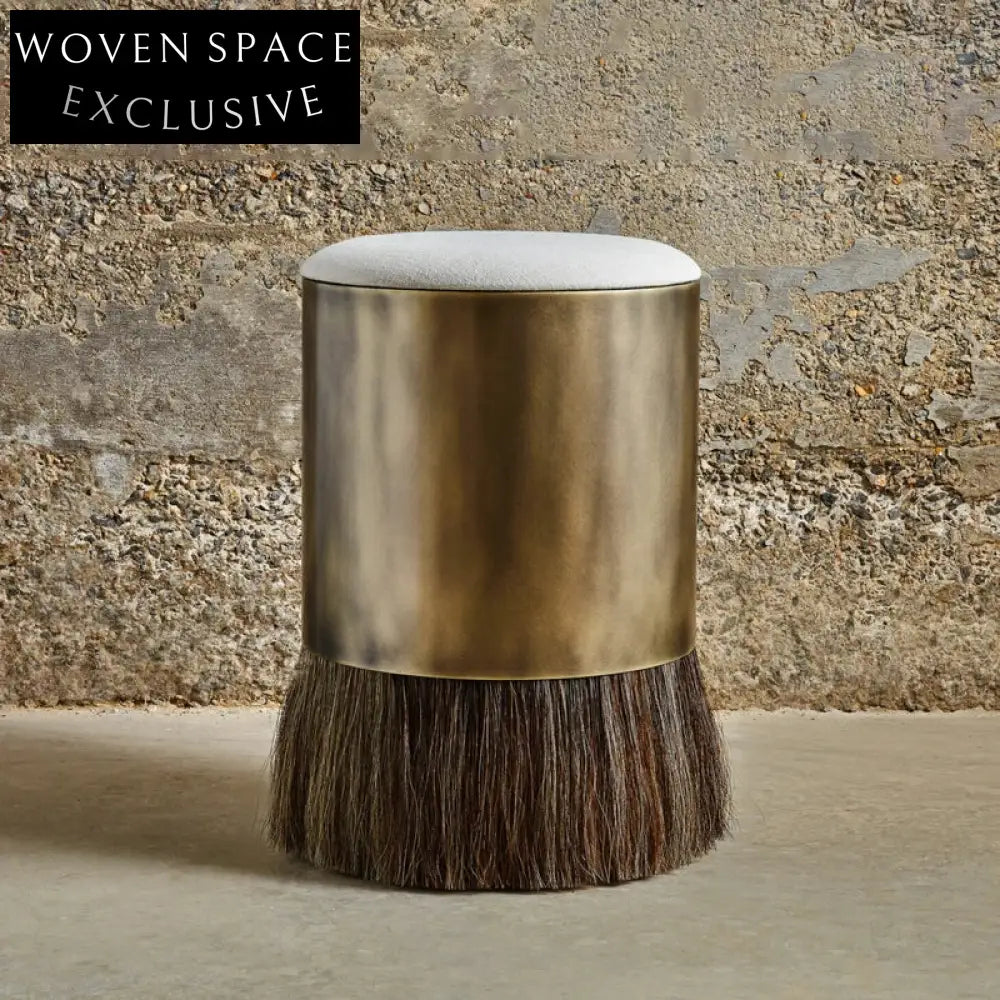 Luxurious Velvet Brass Round Ottoman Stool: Modern Accent & Vanity Seating