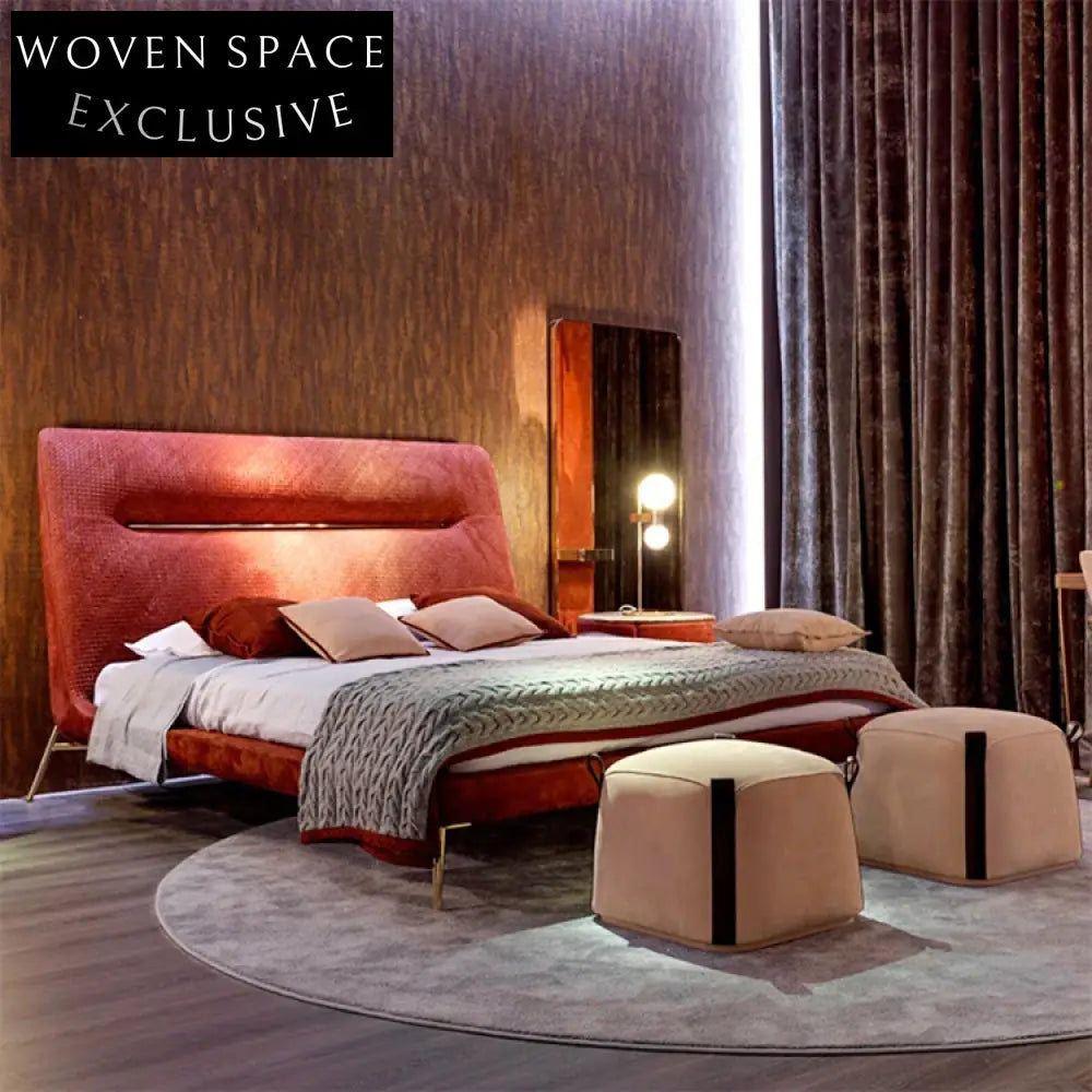 Luxurious Velvet Fabric Upholstered Gold Leg Modern Double Bed