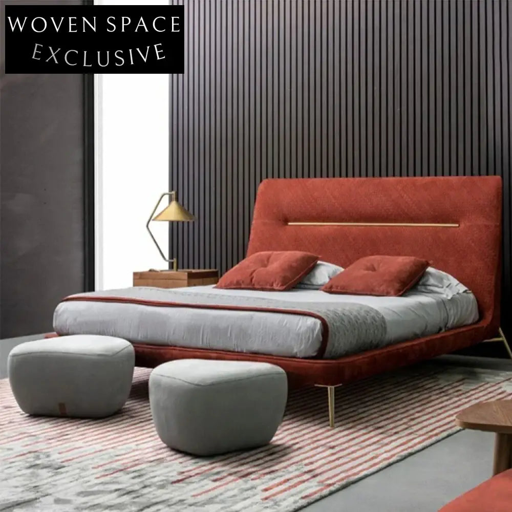 Luxurious Velvet Fabric Upholstered Gold Leg Modern Double Bed