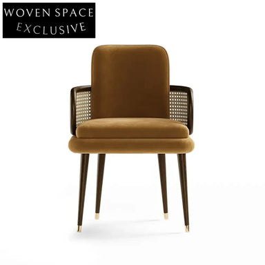 Luxurious Velvet Rattan Dining Chair with Solid Wood Legs for Modern Spaces