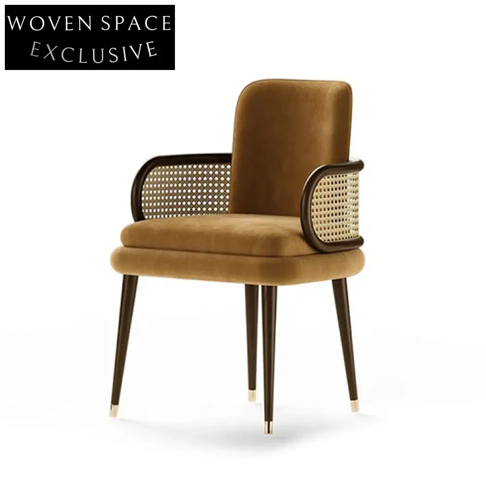 Luxurious Velvet Rattan Dining Chair with Solid Wood Legs for Modern Spaces