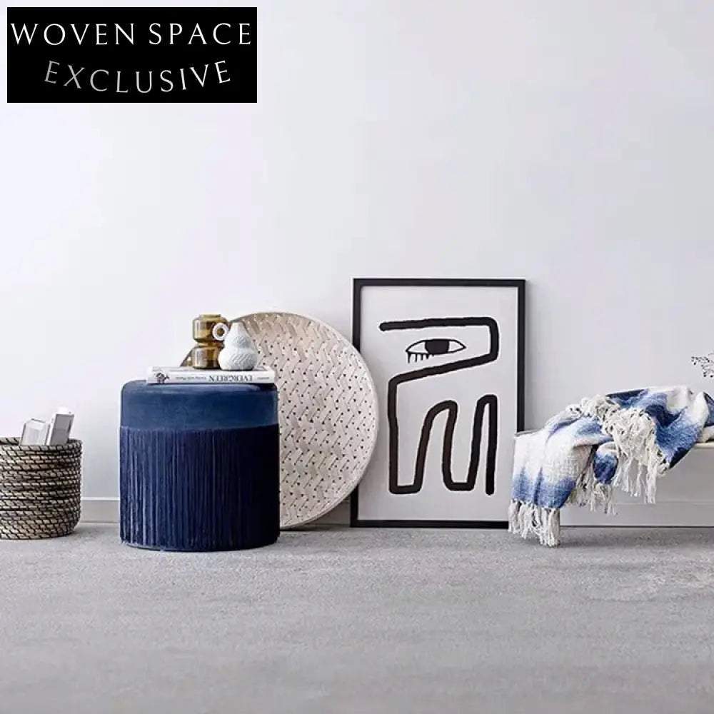 Luxurious Velvet Round Ottoman Foot Stool with Macrame Detail for Modern Homes