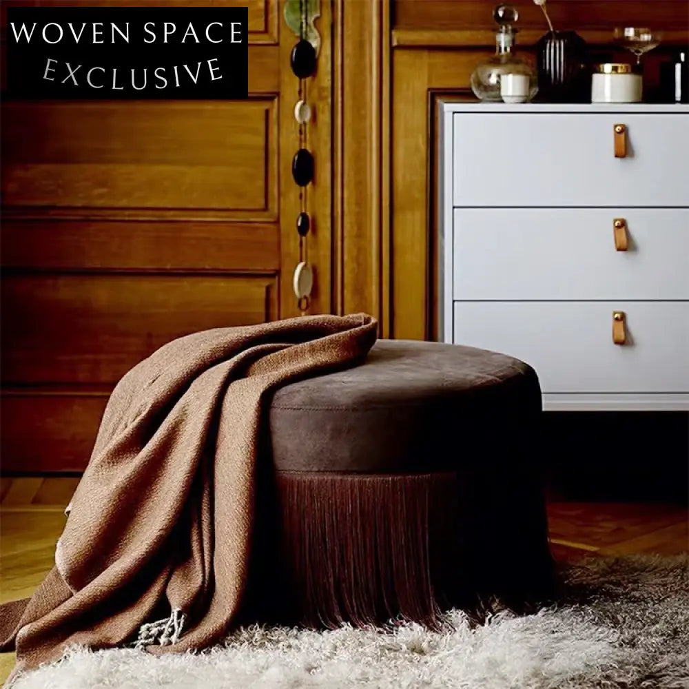 Luxurious Velvet Round Ottoman Foot Stool with Macrame Detail for Modern Homes