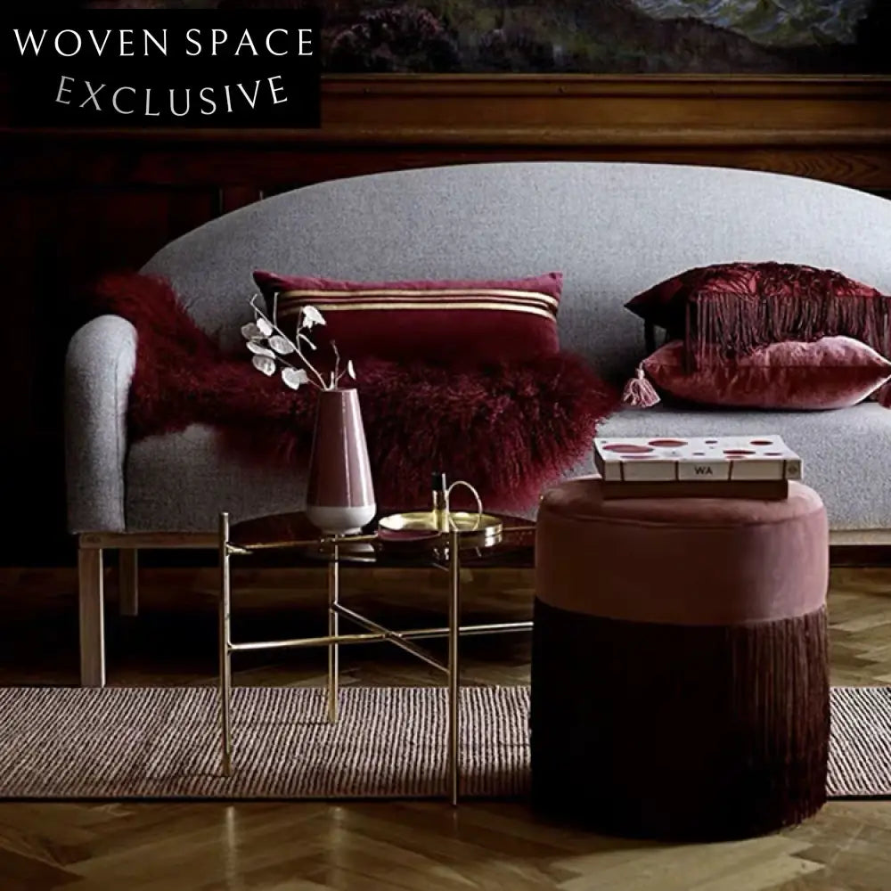 Luxurious Velvet Round Ottoman Foot Stool with Macrame Detail for Modern Homes