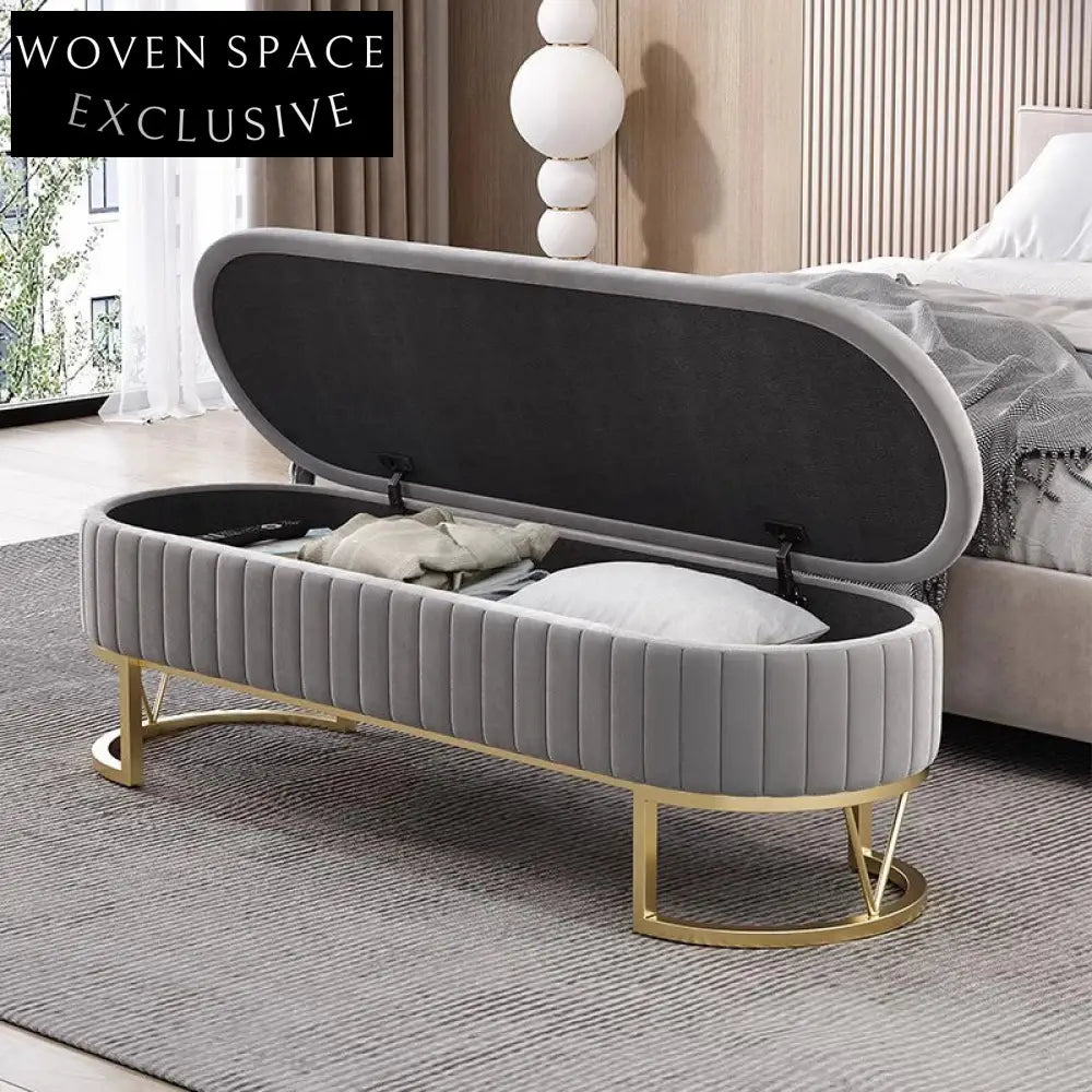 Luxurious Velvet Storage Bench: Modern Metal Leg Ottoman for Bedroom & Living Room