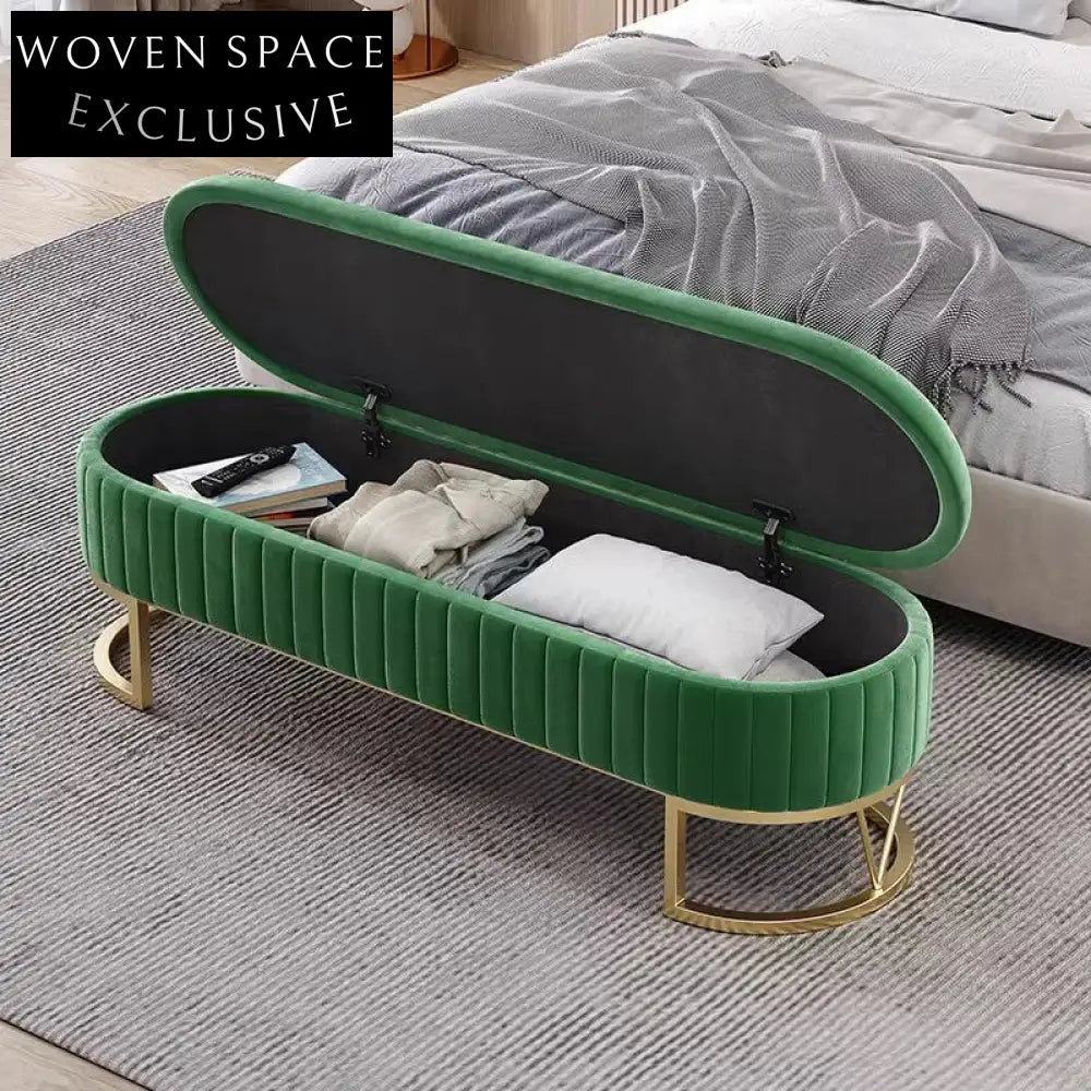 Luxurious Velvet Storage Bench: Modern Metal Leg Ottoman for Bedroom & Living Room