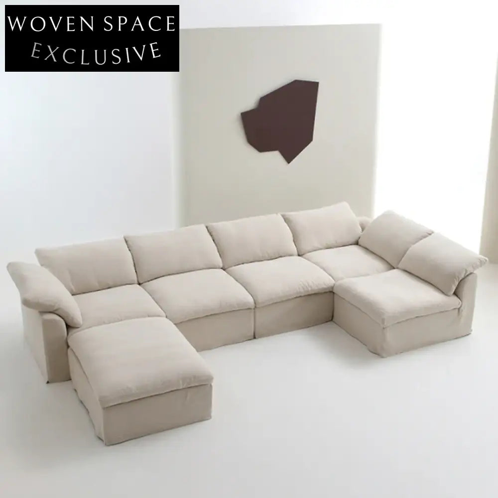 Luxurious White Fabric Modular Sectional Cloud Couch, Feather-Filled Living Room Sofa