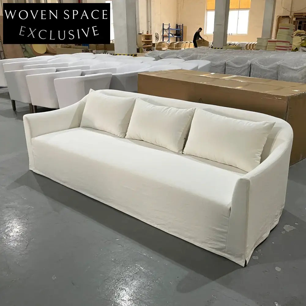 Luxurious White Linen 3-Seat Sofa Couch - Modern Solid Wood Living Room Furniture