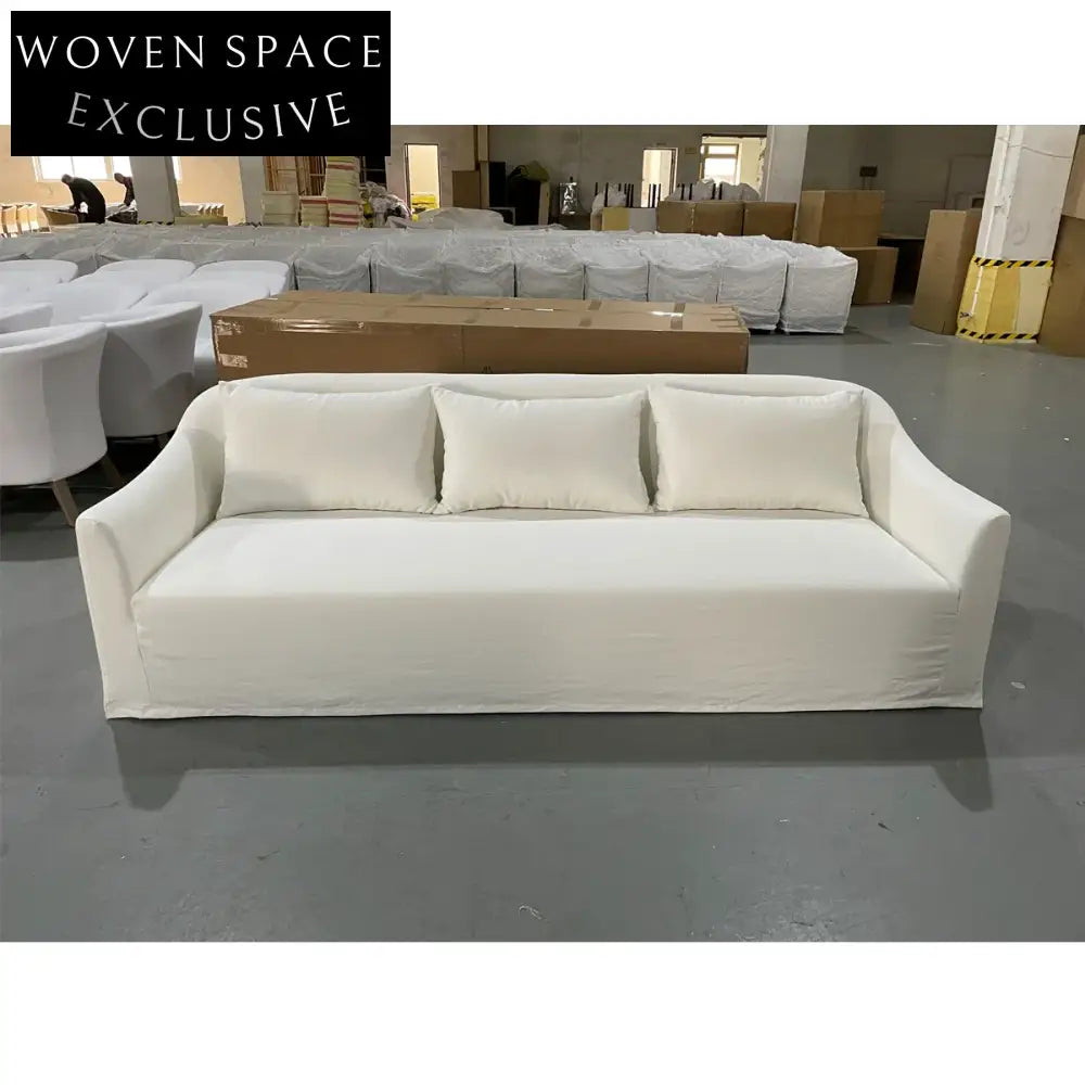 Luxurious White Linen 3-Seat Sofa Couch - Modern Solid Wood Living Room Furniture