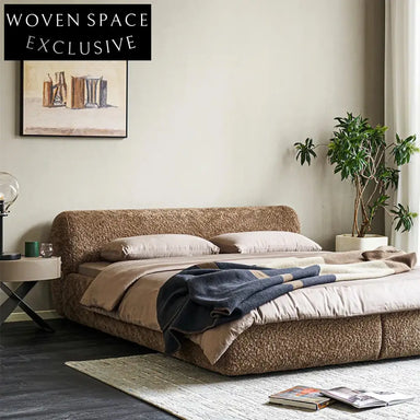 Luxurious Wooden Frame Soft Teddy Fabric High Headboard King Size Bed