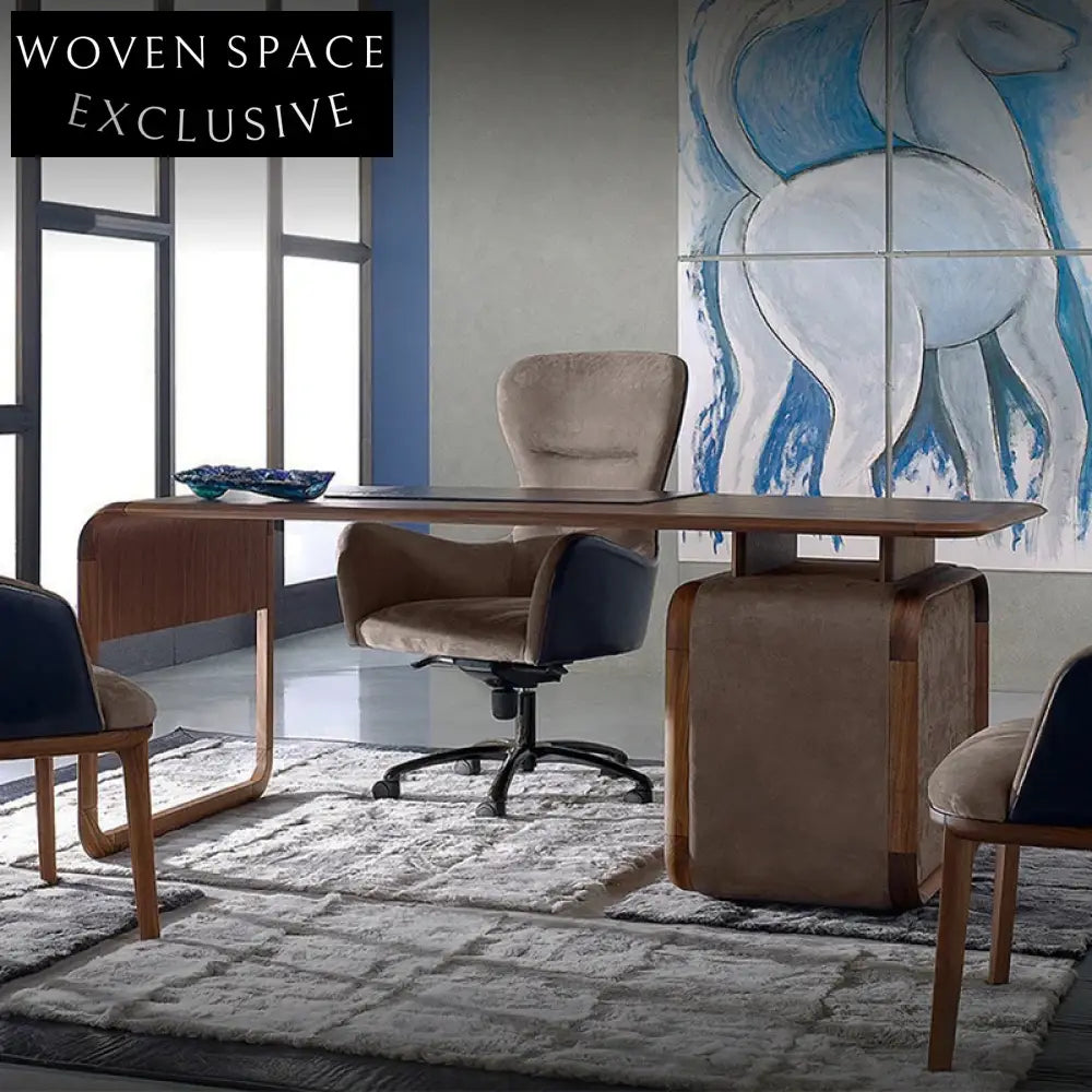 Luxury Black Walnut Wood Genuine Leather Executive Home Office Desk