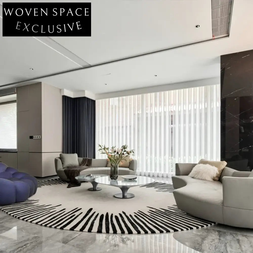 Luxury Black White Striped Wool Round Rug Handmade for Living Room Bedroom Study