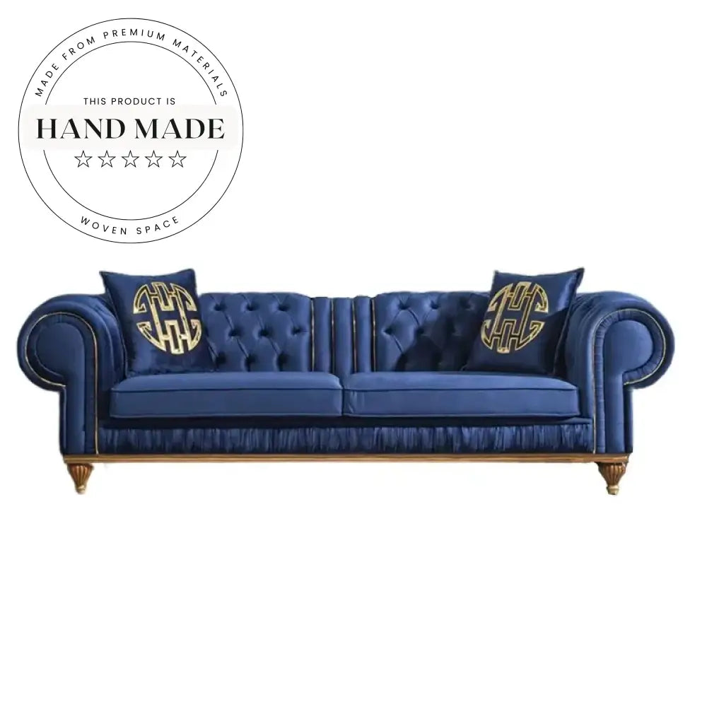 Luxury Blue Velvet Tufted Chesterfield Three Seater Living Room Couch