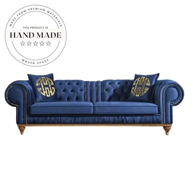 Luxury Blue Velvet Tufted Chesterfield Three Seater Living Room Couch