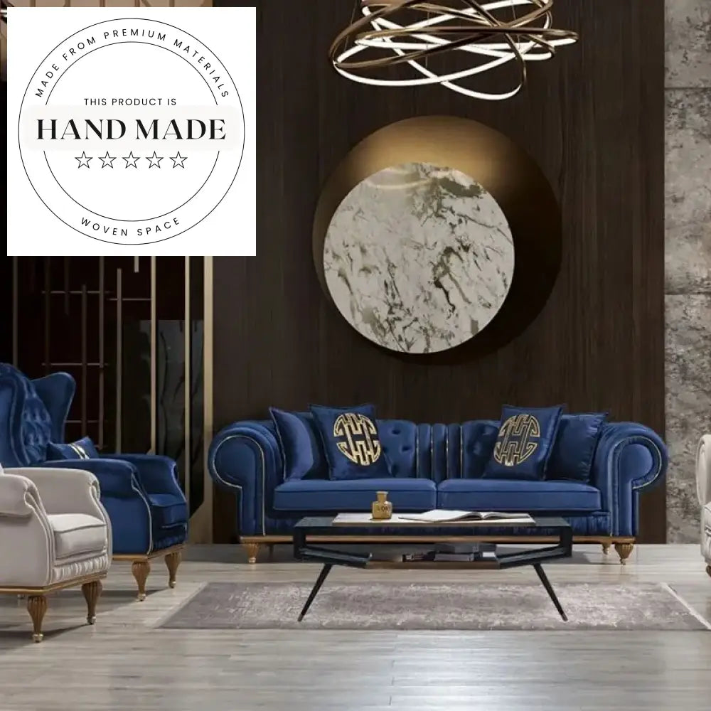 Luxury Blue Velvet Tufted Chesterfield Three Seater Living Room Couch
