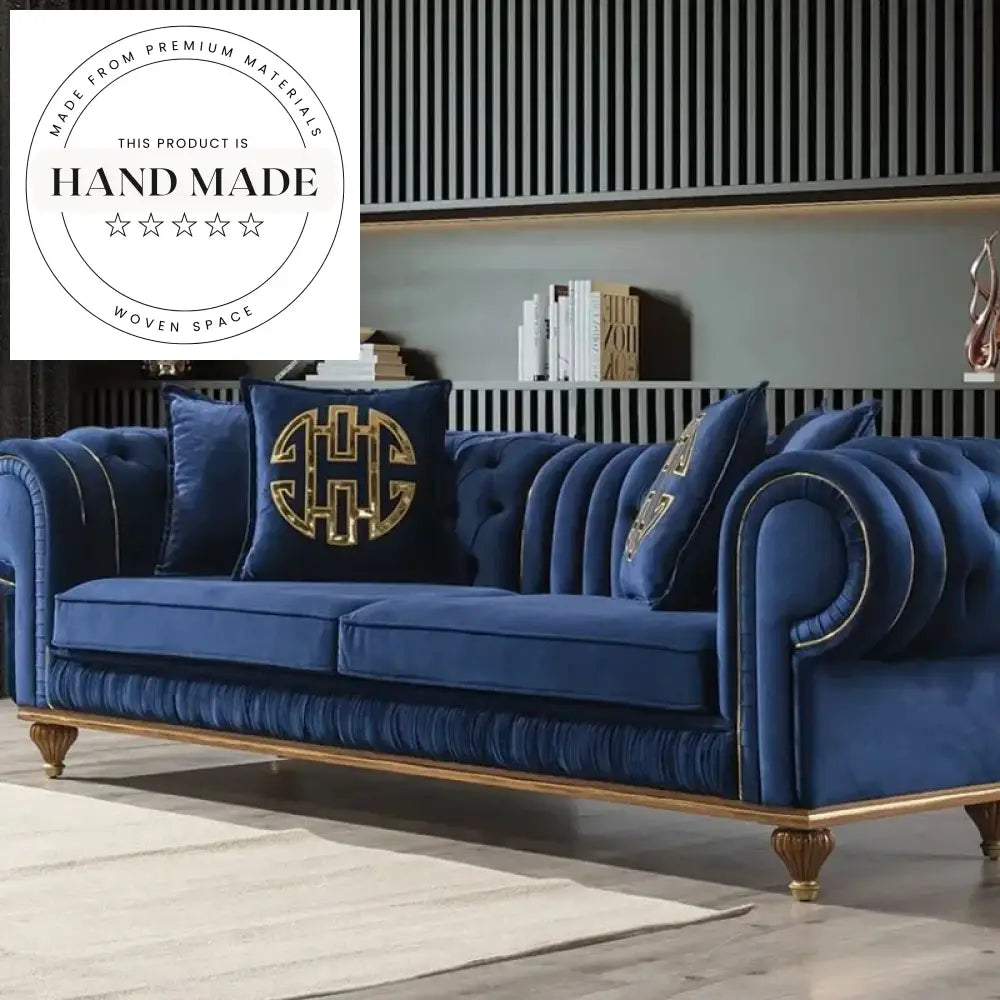 Luxury Blue Velvet Tufted Chesterfield Three Seater Living Room Couch