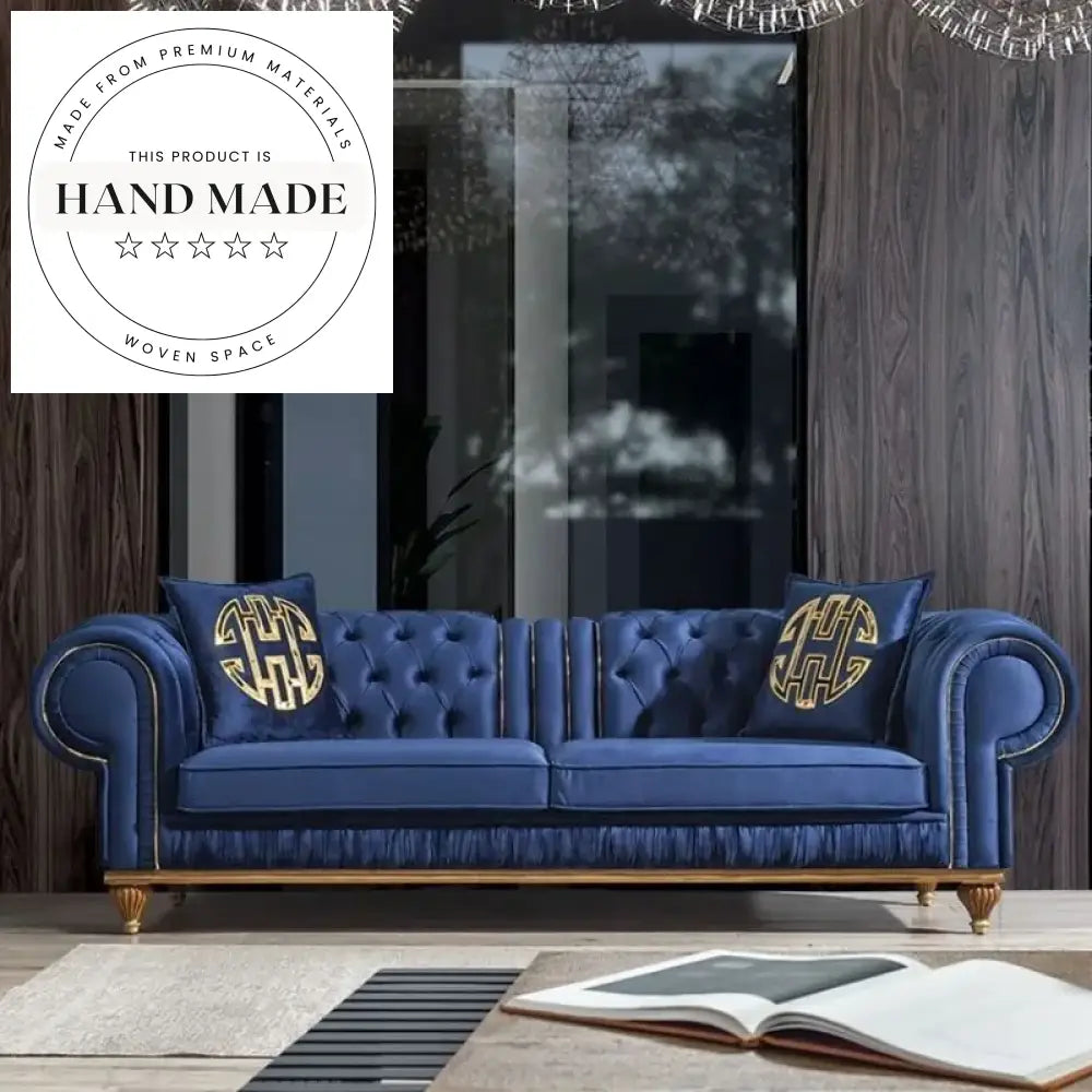 Luxury Blue Velvet Tufted Chesterfield Three Seater Living Room Couch