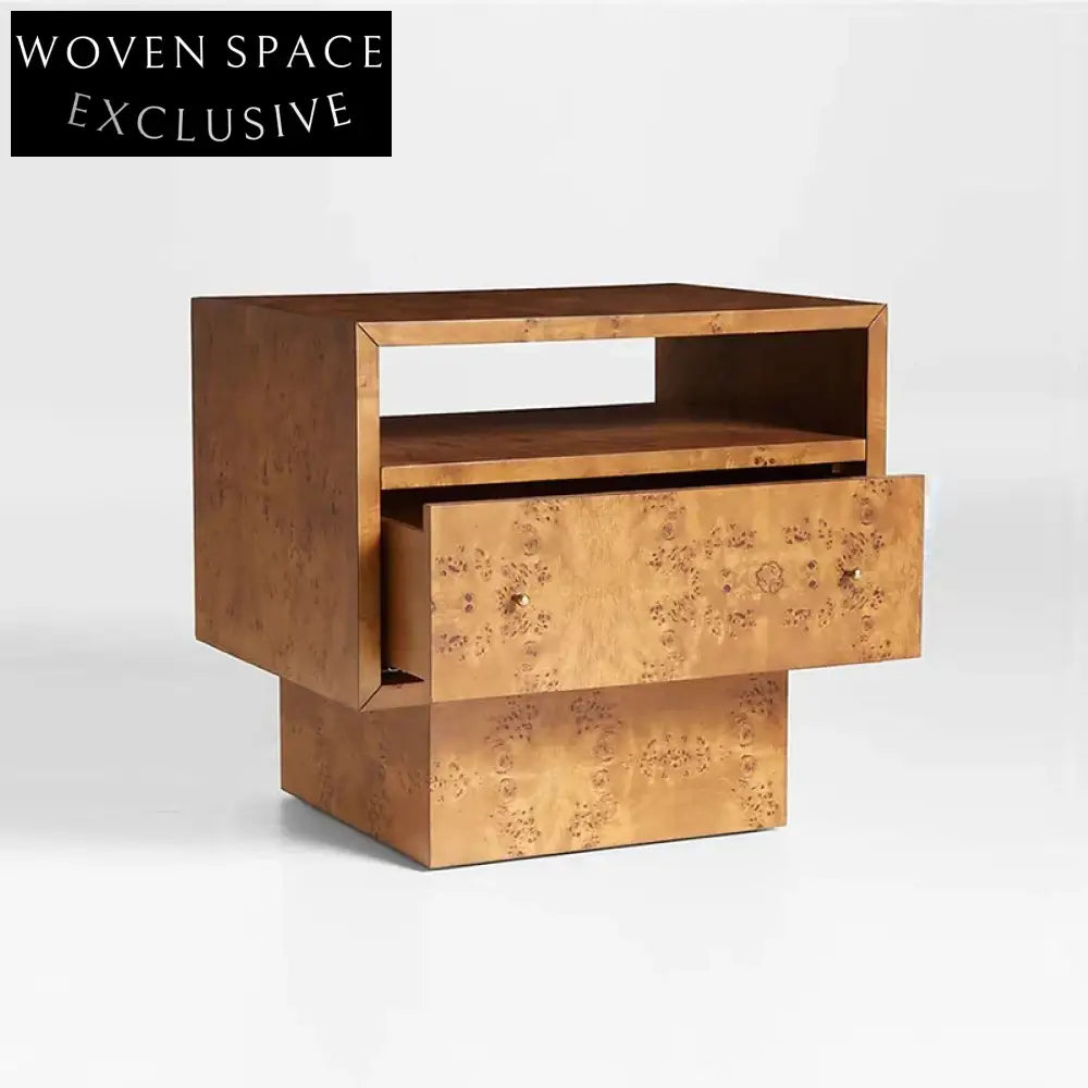 Luxury Burl Veneer Solid Wood Square Nightstand with Storage Drawer