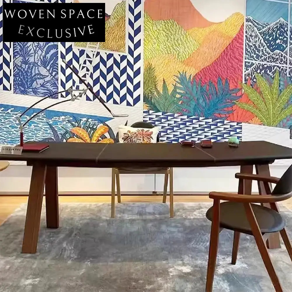 Luxury Curved Solid Wood & Saddle Leather Minimalist Home Office Writing Desk