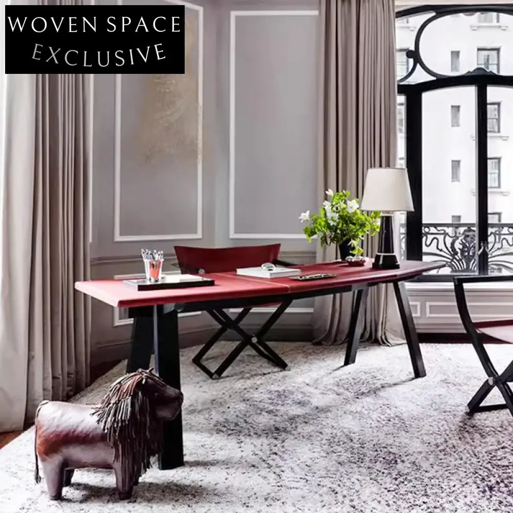 Luxury Curved Solid Wood & Saddle Leather Minimalist Home Office Writing Desk