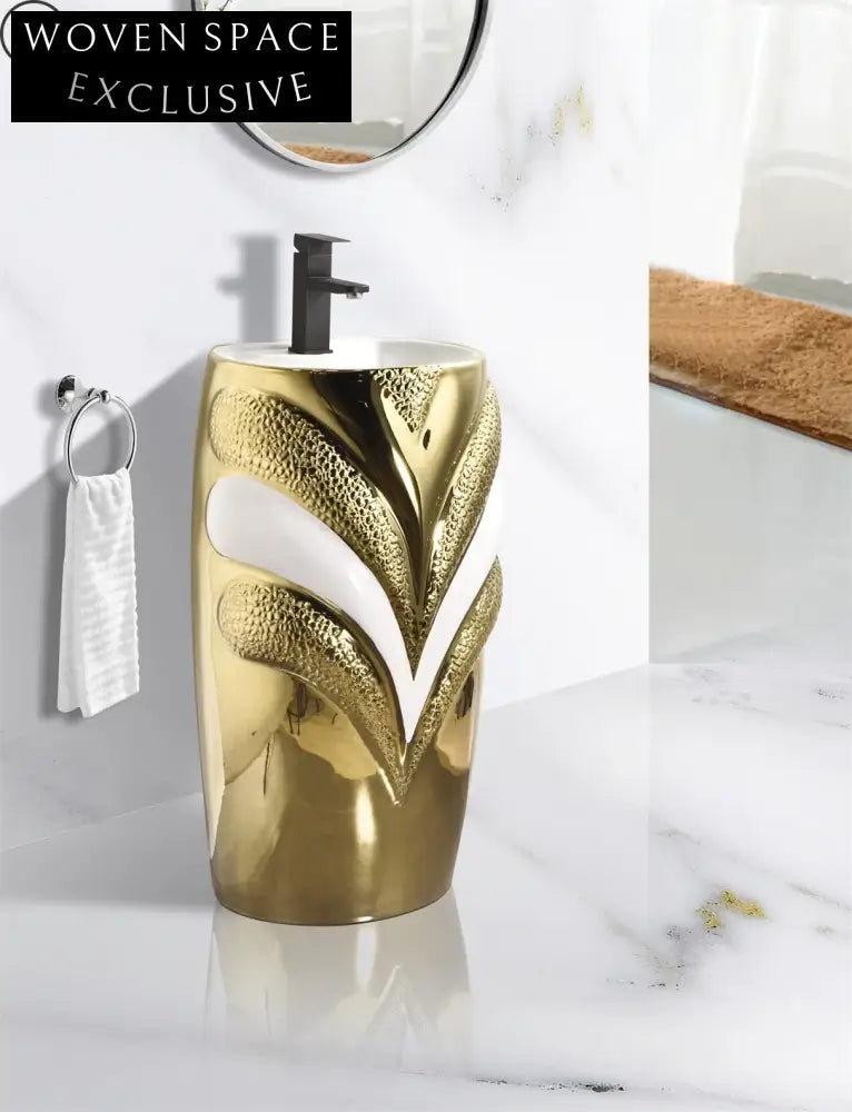 Luxury Electroplate Ceramic Free Standing Modern One-Piece Pedestal Bathroom Sink