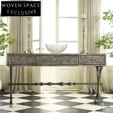 Luxury French Retro Carved Solid Wood Metal Leg Console Table