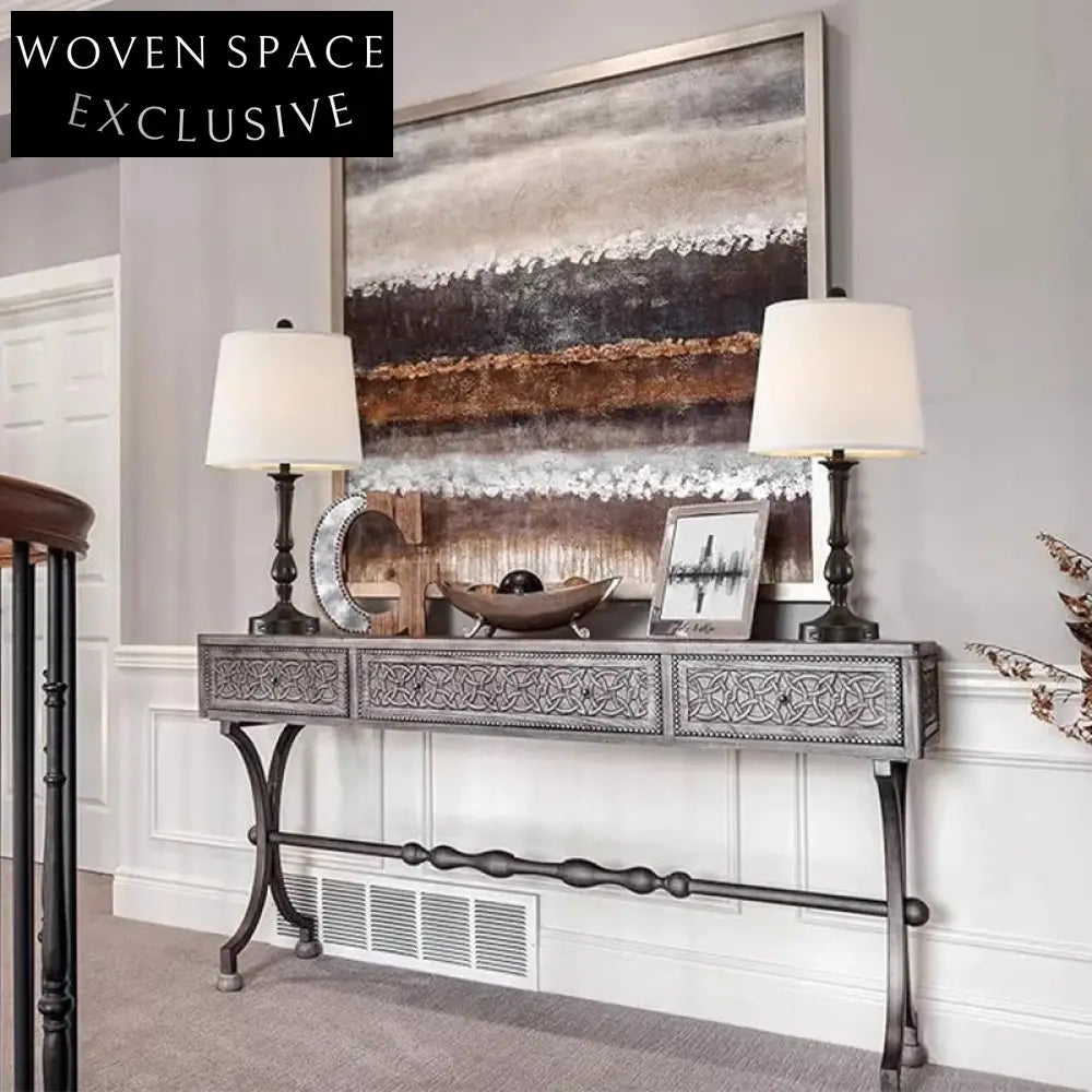 Luxury French Retro Carved Solid Wood Metal Leg Console Table