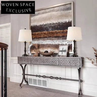 Luxury French Retro Carved Solid Wood Metal Leg Console Table