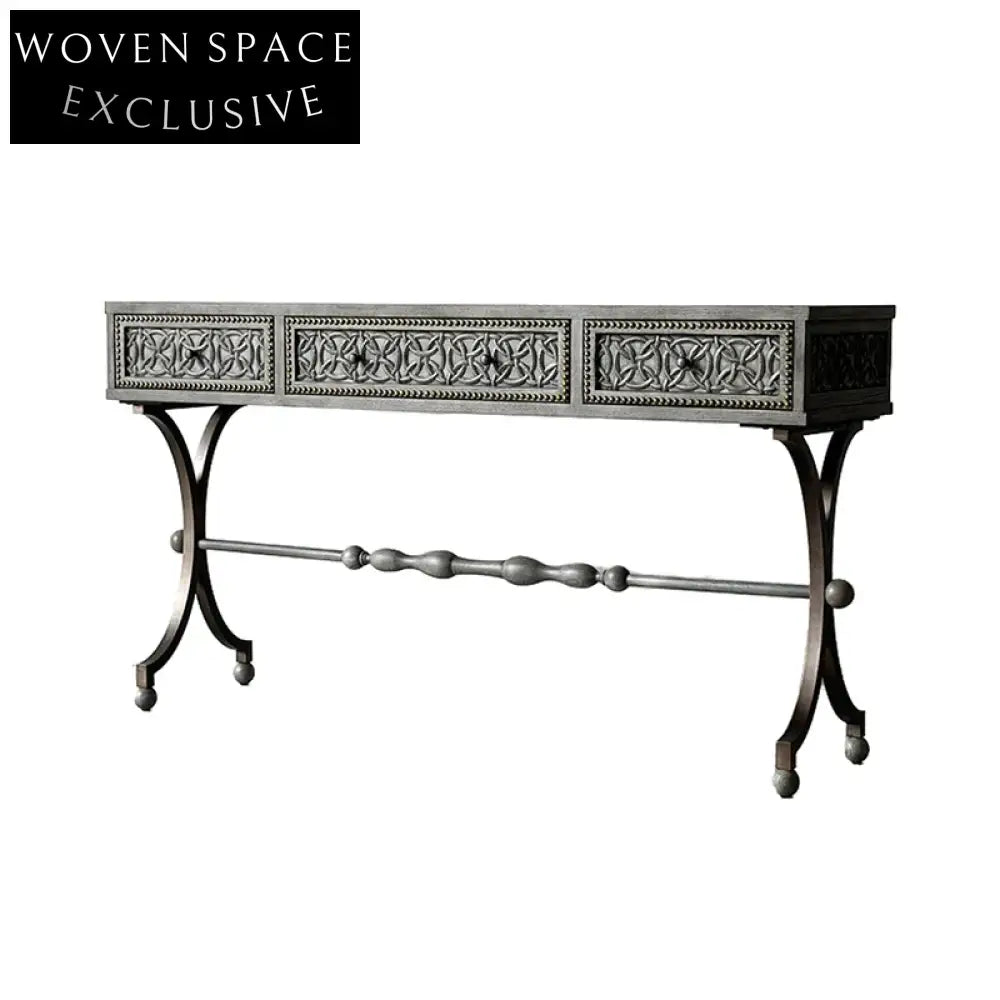 Luxury French Retro Carved Solid Wood Metal Leg Console Table