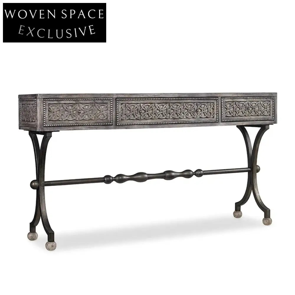 Luxury French Retro Carved Solid Wood Metal Leg Console Table