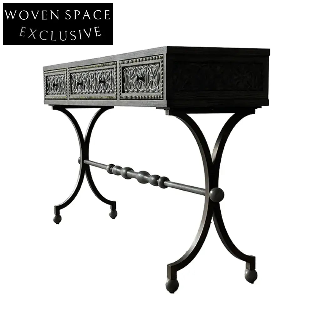 Luxury French Retro Carved Solid Wood Metal Leg Console Table