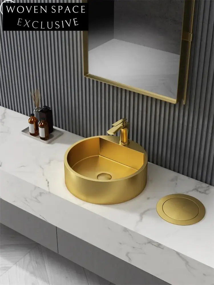 Luxury Gold Round Stainless Steel Vessel Sink, Above Counter Bathroom Basin