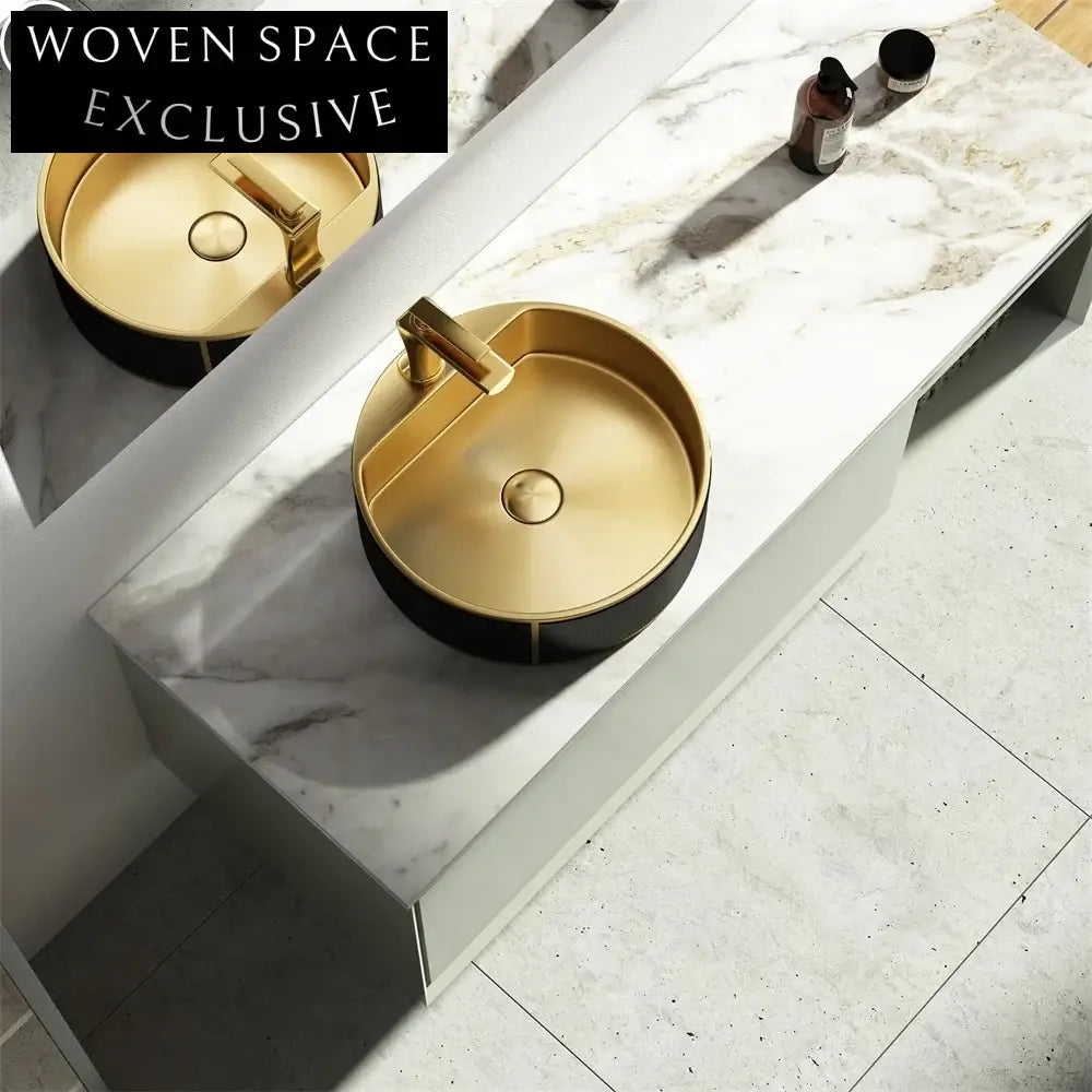 Luxury Gold Round Stainless Steel Vessel Sink, Above Counter Bathroom Basin