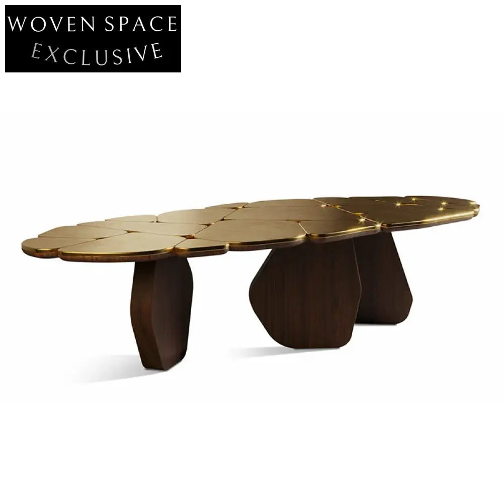 Luxury Gold Stainless Steel Dining Table with Solid Wood Legs for Restaurants