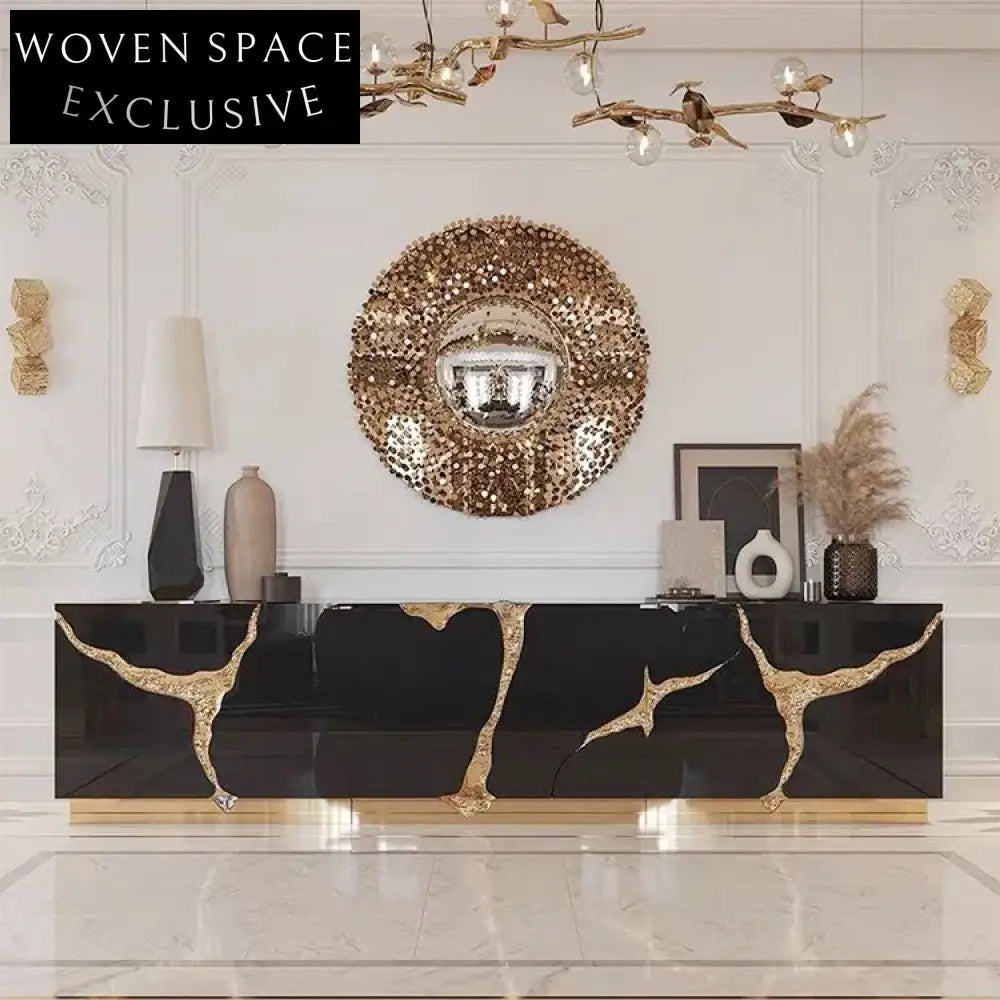 Luxury Italian Design Black & Gold Solid Wood Living Room Storage Cabinet