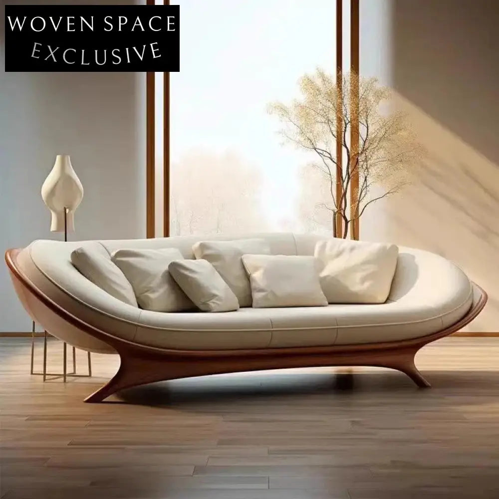 Luxury Italian Designer Curved Modular Leather Sectional Sofa with Walnut Base