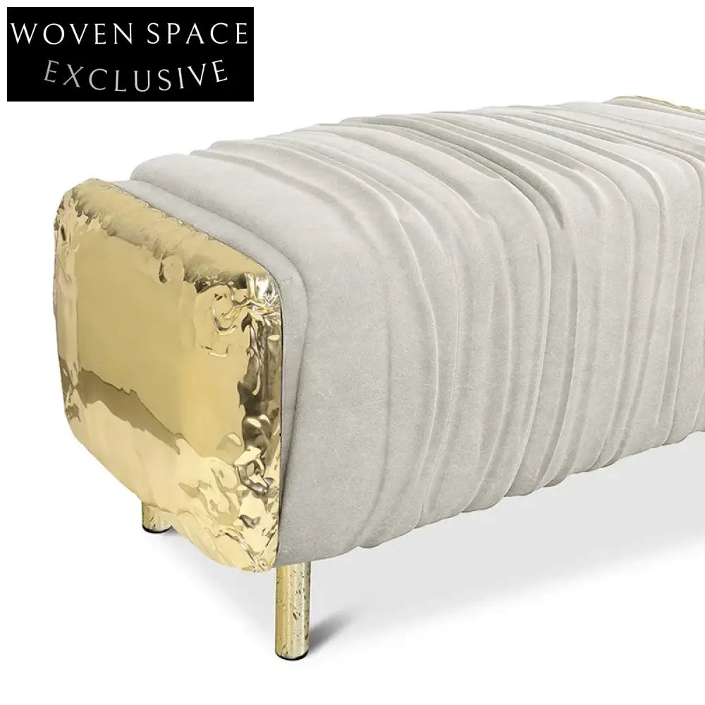 Luxury Italian Genuine Leather Tufted Long Ottoman Bench with Golden Metal Legs