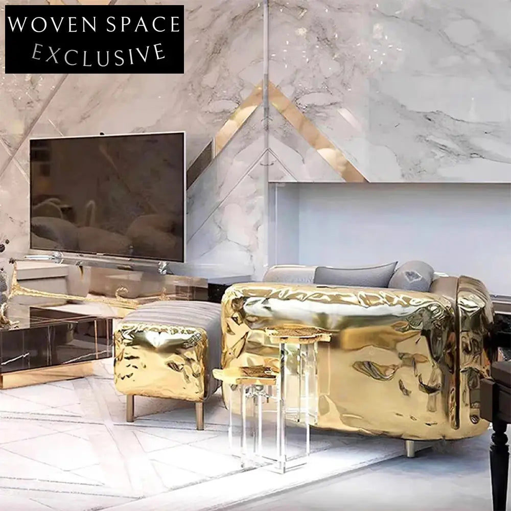 Luxury Italian Genuine Leather Tufted Long Ottoman Bench with Golden Metal Legs