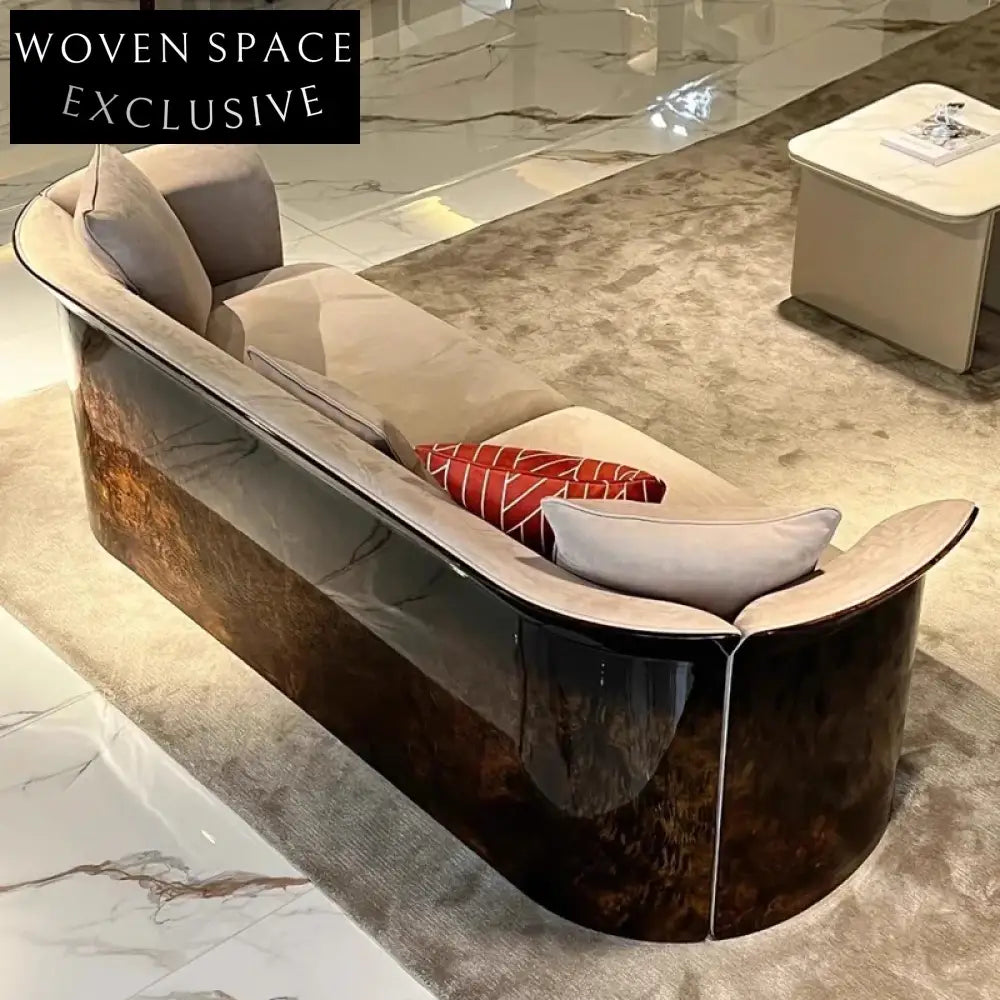 Luxury Italian Leather Sectional Sofa Set with Burl Wood Veneer Accents for Grand Living