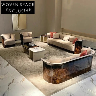 Luxury Italian Leather Sectional Sofa Set with Burl Wood Veneer Accents for Grand Living