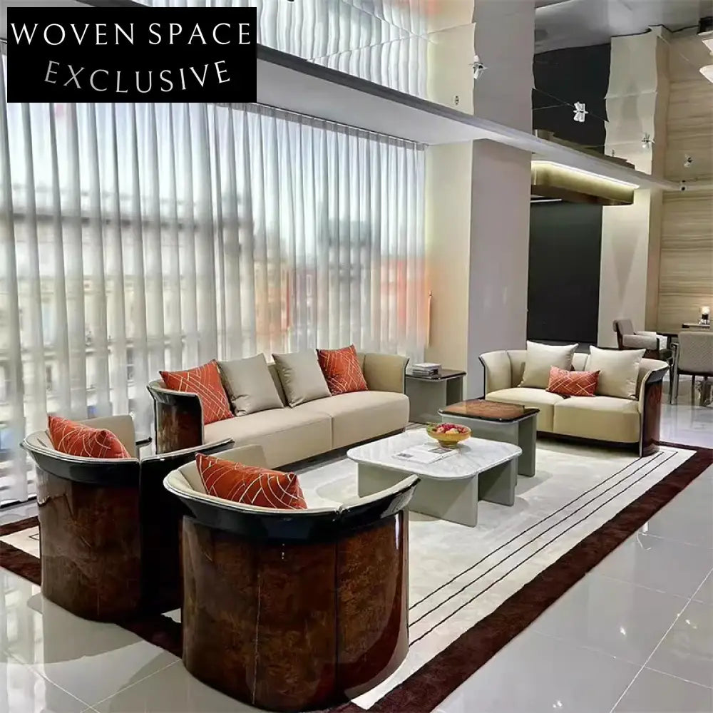 Luxury Italian Leather Sectional Sofa Set with Burl Wood Veneer Accents for Grand Living