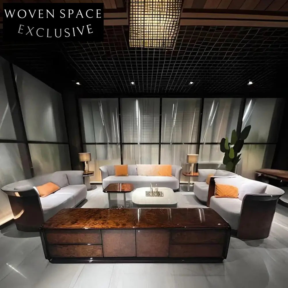 Luxury Italian Leather Sectional Sofa Set with Burl Wood Veneer Accents for Grand Living