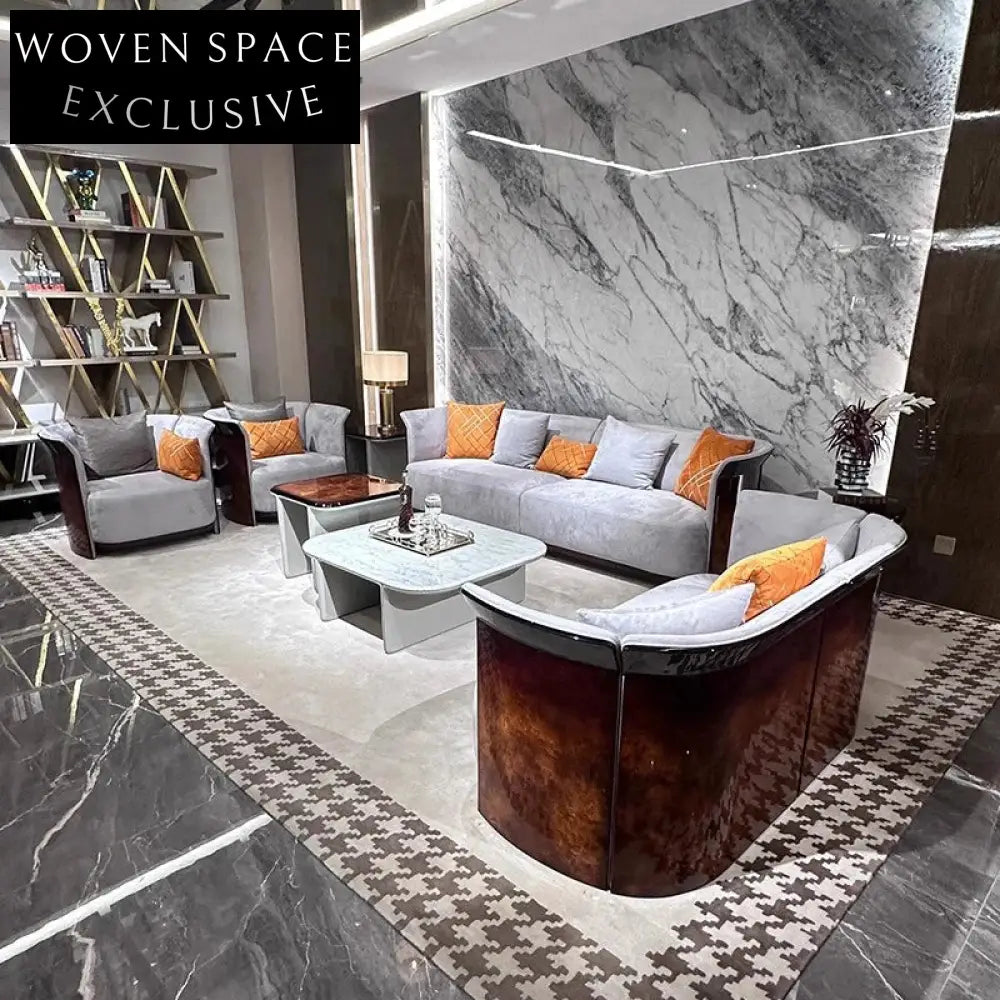 Luxury Italian Leather Sectional Sofa Set with Burl Wood Veneer Accents for Grand Living