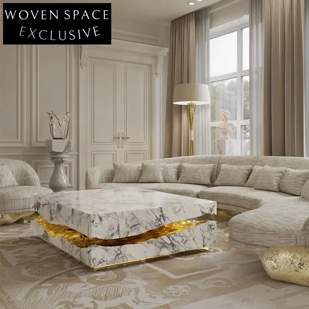 Luxury Italian Natural Marble Center Coffee Table with Golden Metal Base