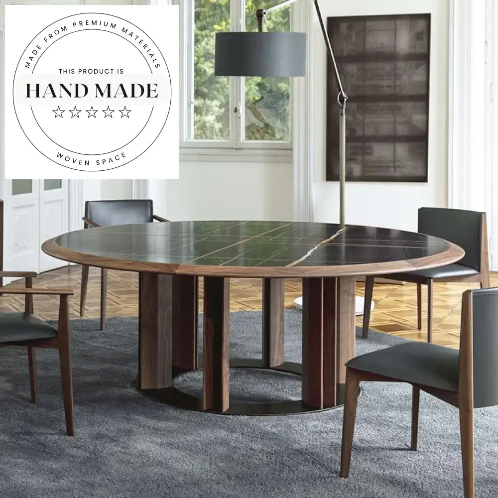 Luxury Italian Slate Top Round Walnut Wood 6 Seater Dining Table