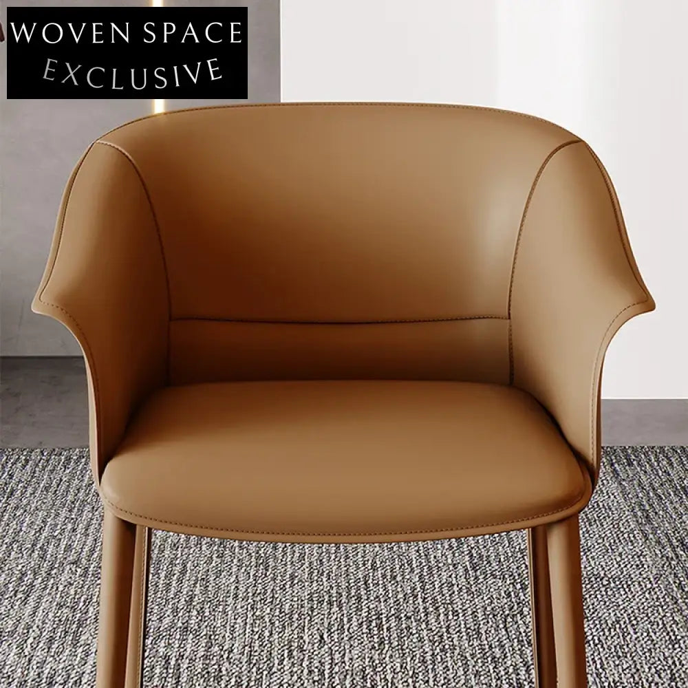 Luxury Italian Style Saddle Leather Dining Armchair with Sturdy Metal Legs